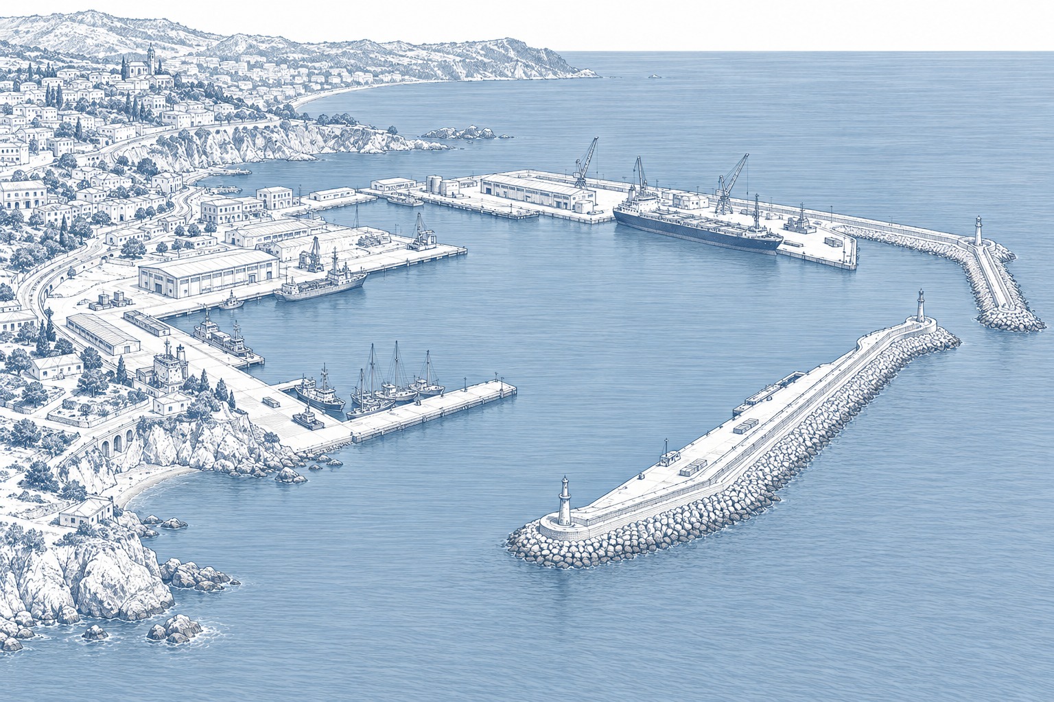 Illustrazione editoriale di un porto in stile manuale di ingegneria, con mare blu acciaio chiaro